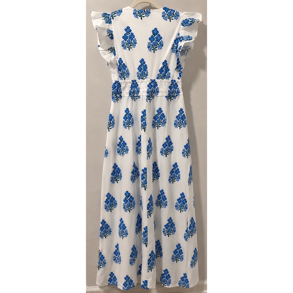 NWT Sail to Sable Blue White Floral Cotton Resort Maxi Dress Smocked Flutter M - Picture 3 of 10